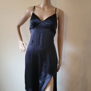 Dress Forum Navy Satin Slip Dress Open Back Bow Midi Bias Cut Wedding Guest M
